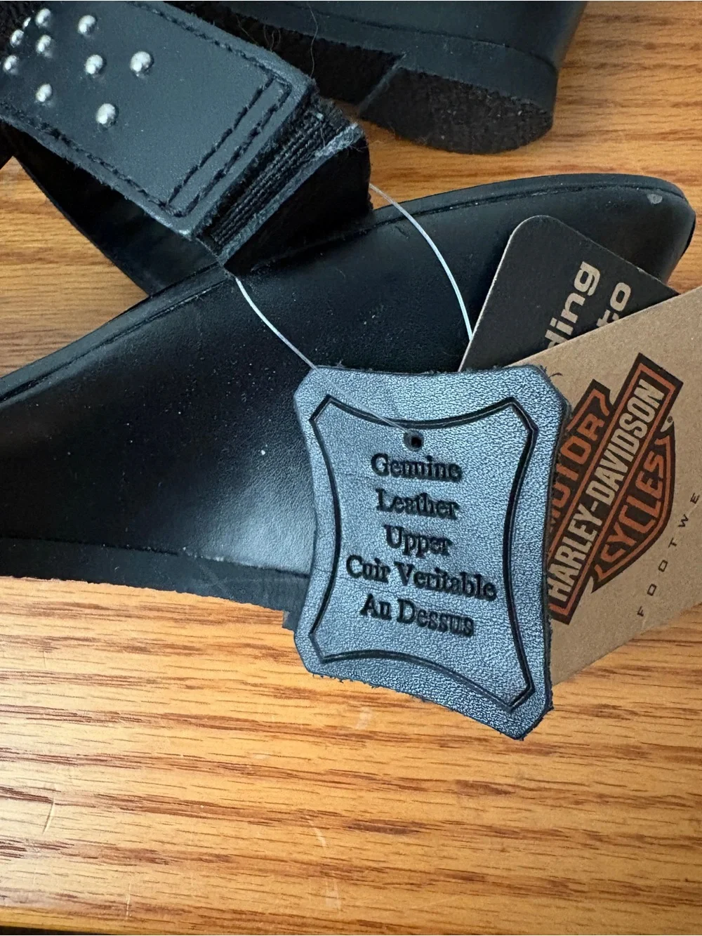 🆕HARLEY-DAVIDSON Black Leather Studded Moto Biker Strappy Ring Wedge Sandals 7.5